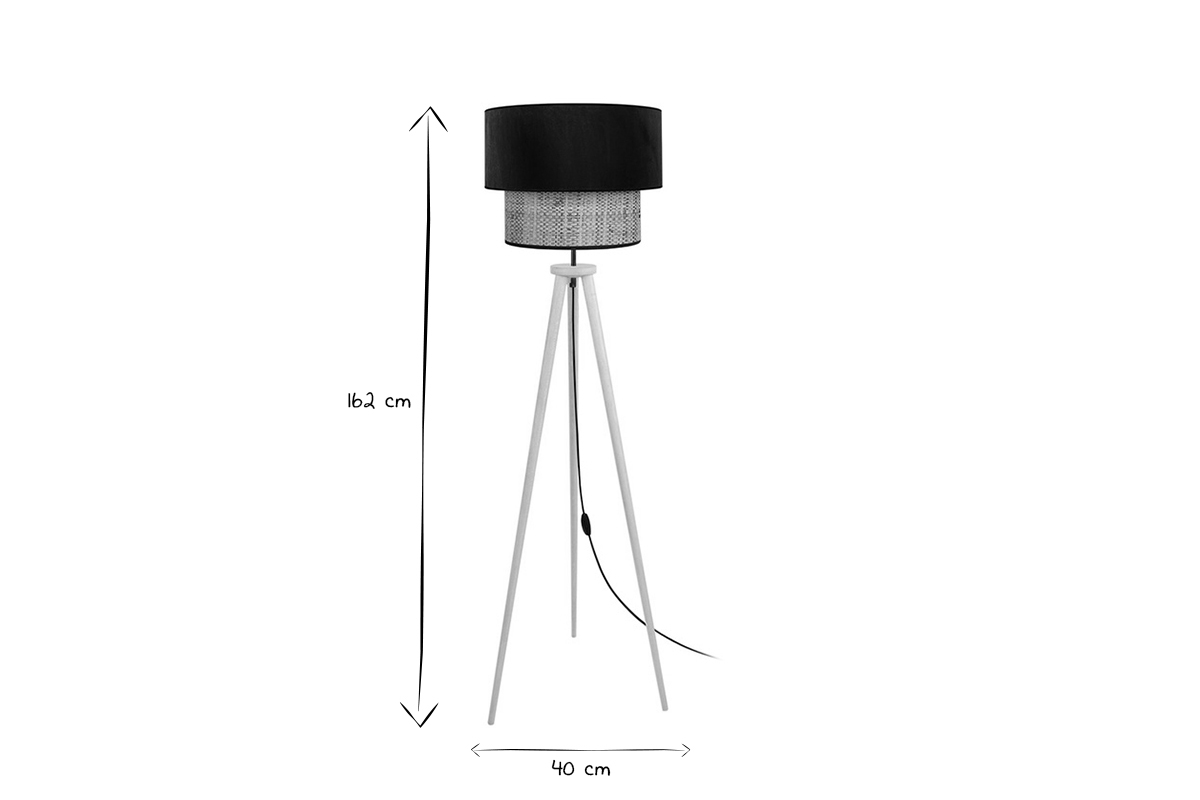 Lampadaire avec abat-jour bi-matire en jute naturel, velours noir et bois clair massif H162 cm CHILL