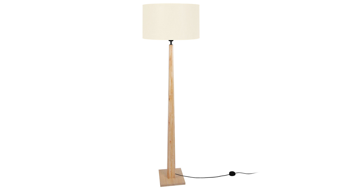 Lampadaire avec abat-jour en tissu cru naturel et bois clair massif H162 cm NIDRA