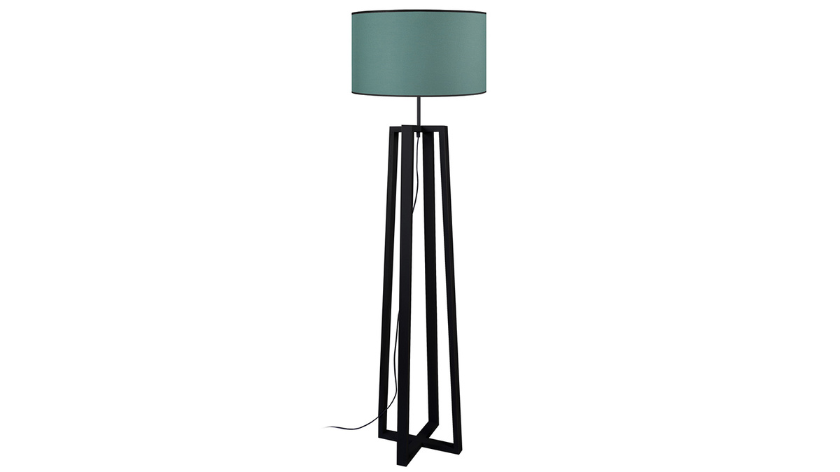Lampadaire design avec abat-jour en tissu bleu vert cladon et bois noir H150 cm MANON