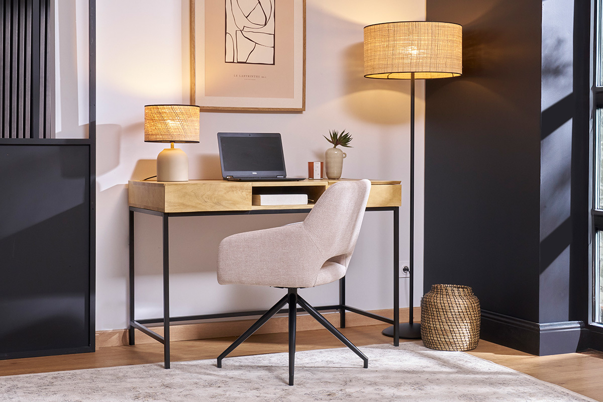 Lampadaire en rabane et mtal noir H170 cm ALOE