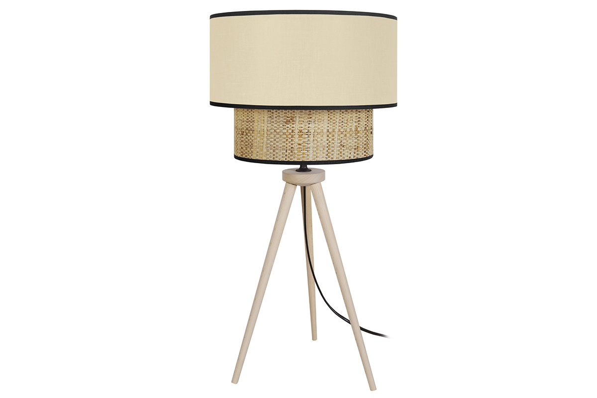 Lampe  poser bi-matire en toile de jute naturelle, tissu beige crme et bois clair H50 cm CHILL