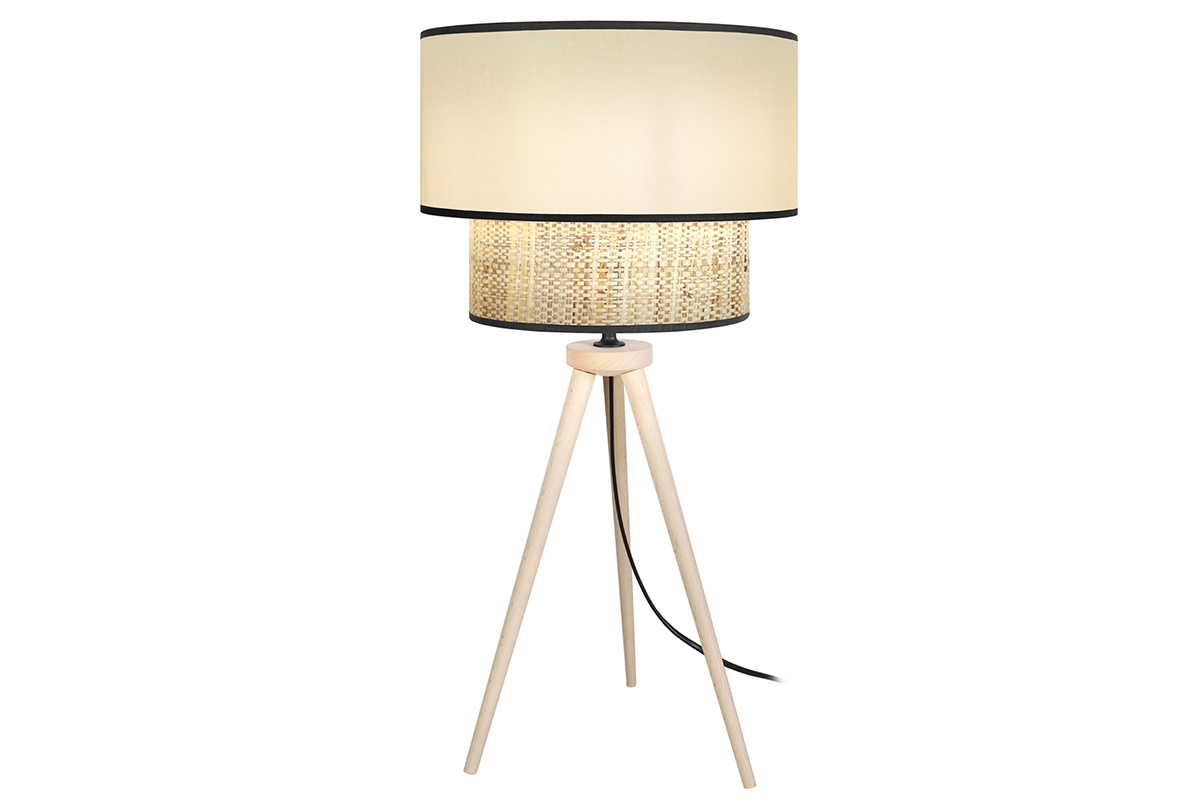 Lampe  poser bi-matire en toile de jute naturelle, tissu beige crme et bois clair H50 cm CHILL