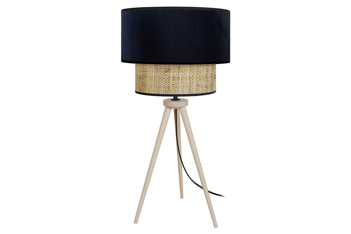 Lampe  poser bi-matire en toile de jute naturelle, tissu velours noir et bois clair H50 cm CHILL