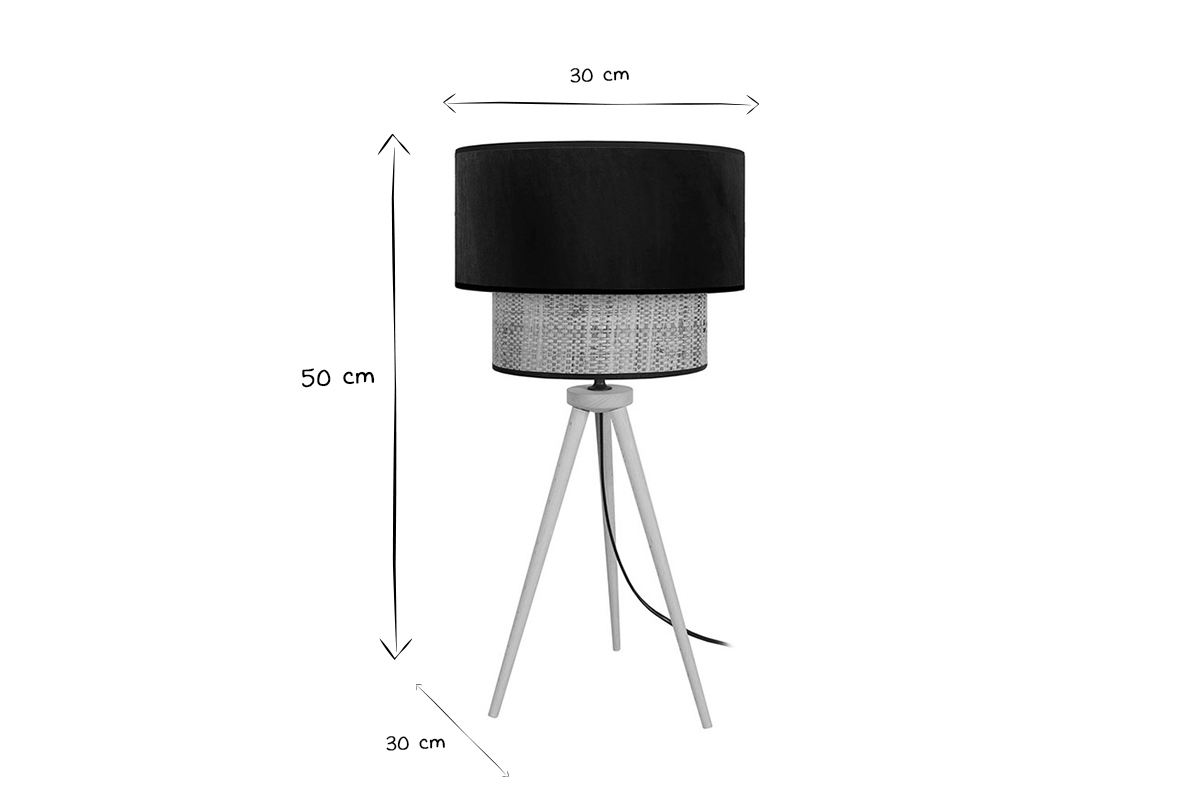 Lampe  poser bi-matire en toile de jute naturelle, tissu velours noir et bois clair H50 cm CHILL