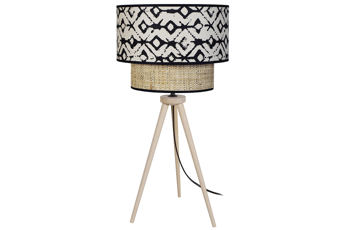 Lampe  poser bi-matire jute et tissu imprim noir et beige H50 cm ZAZA