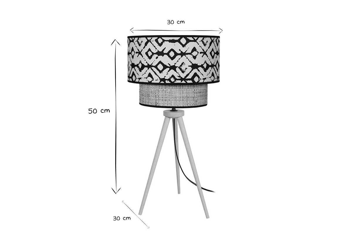 Lampe  poser bi-matire jute et tissu imprim noir et beige H50 cm ZAZA