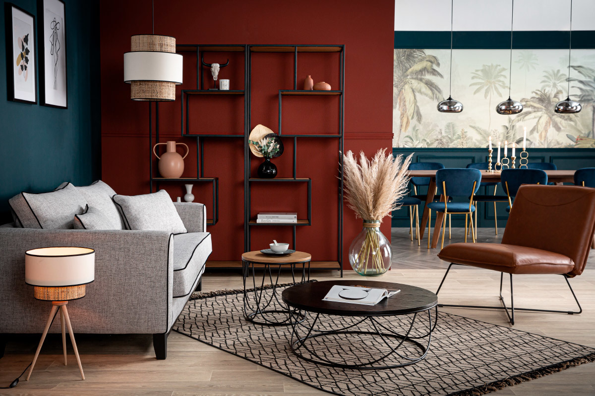 Lampe � poser bimati�re jute et tissu rouge CHILL