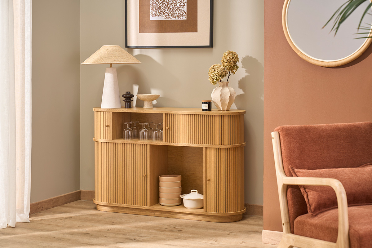 Lampe � poser blanche en c�ramique et abat-jour en rabane H47 cm JUNI