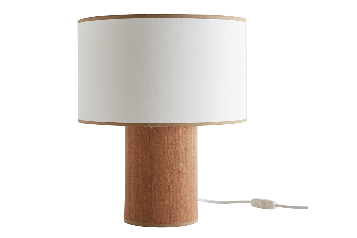 Lampe � poser en bois feuille d'acajou et abat-jour en coton blanc cass� H36 cm SOLAR