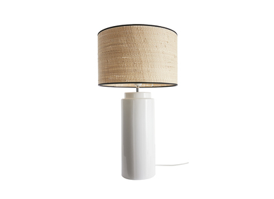 Lampe à poser en céramique émaillée blanche et abat-jour en raphia naturel H64 cm MAJES