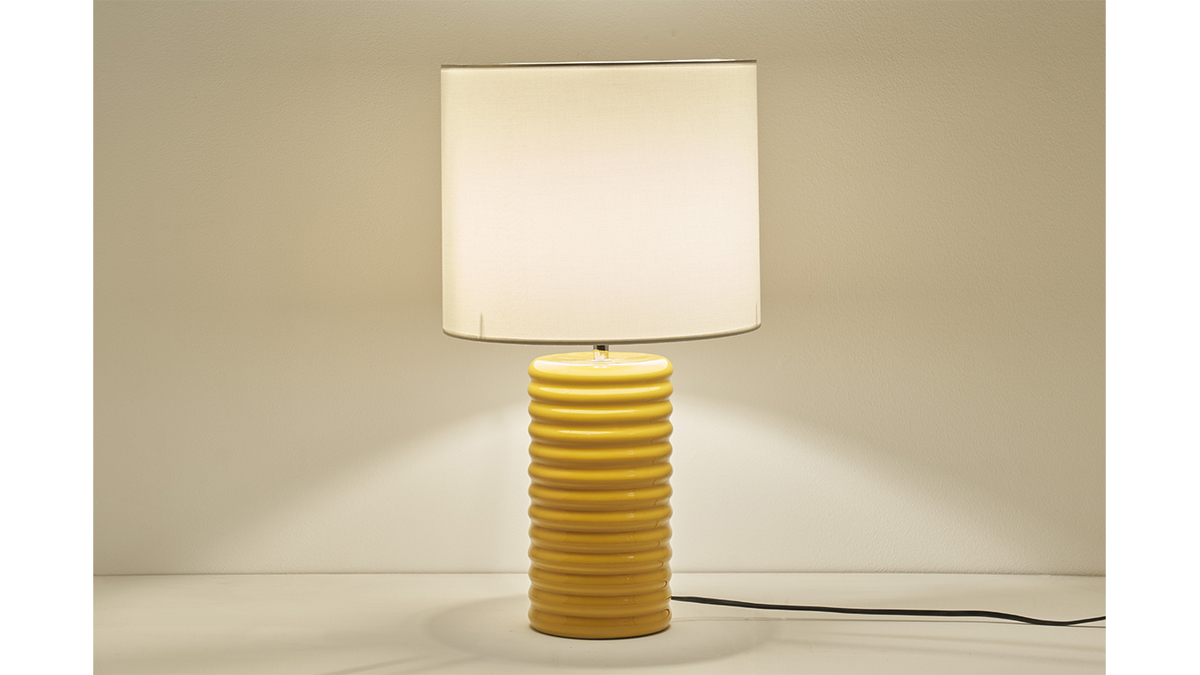 Lampe  poser en cramique maille jaune et abat-jour cru H53 cm BERRO