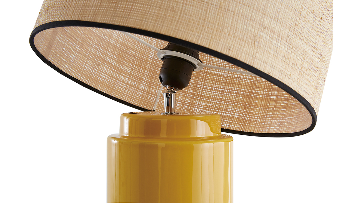 Lampe  poser en cramique maille jaune et abat-jour en raphia naturel H64 cm MAJES