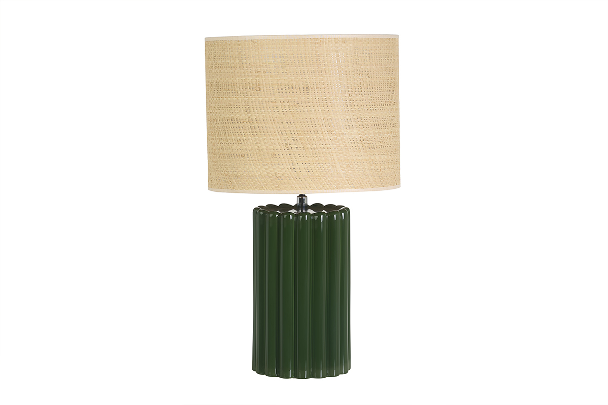 Lampe � poser en c�ramique �maill�e vert fonc� et abat-jour en rabane H50 cm CANELLA