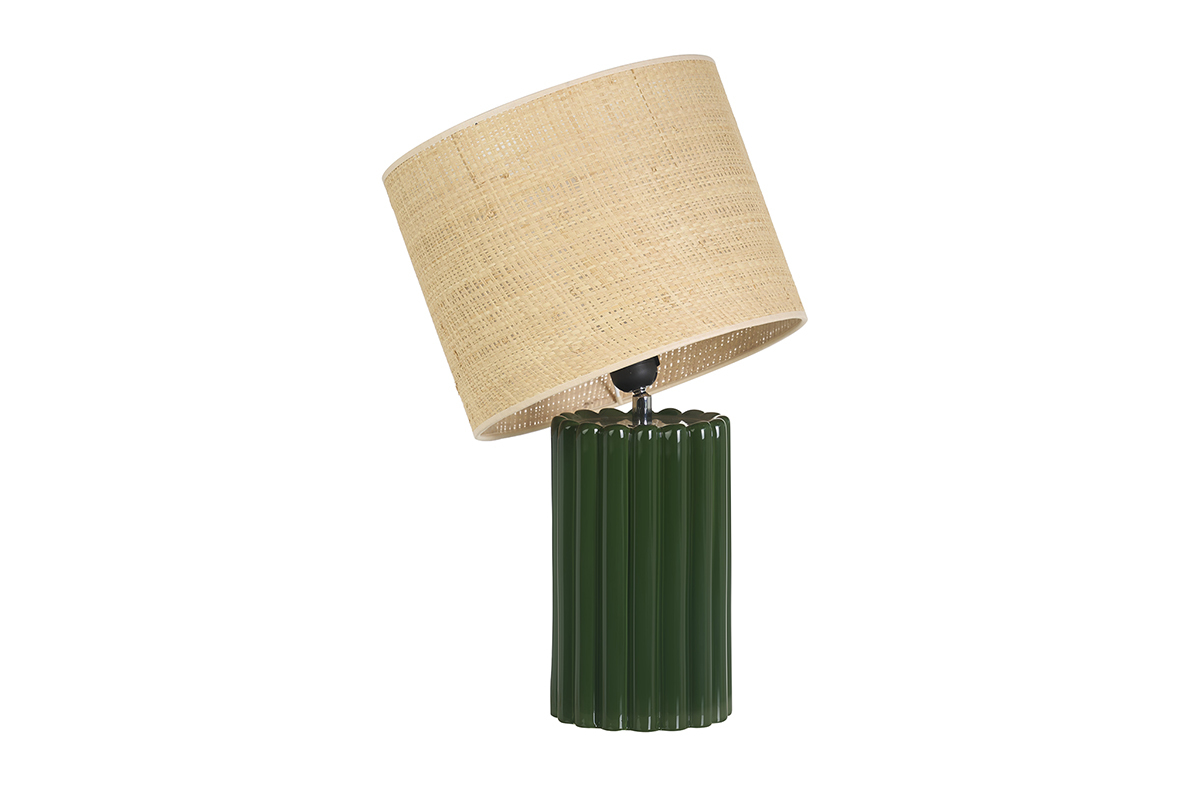 Lampe � poser en c�ramique �maill�e vert fonc� et abat-jour en rabane H50 cm CANELLA
