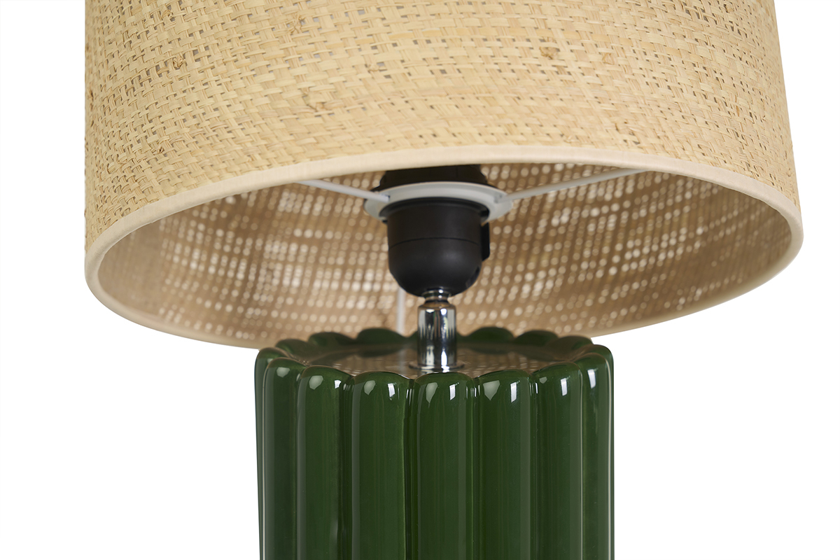 Lampe � poser en c�ramique �maill�e vert fonc� et abat-jour en rabane H50 cm CANELLA