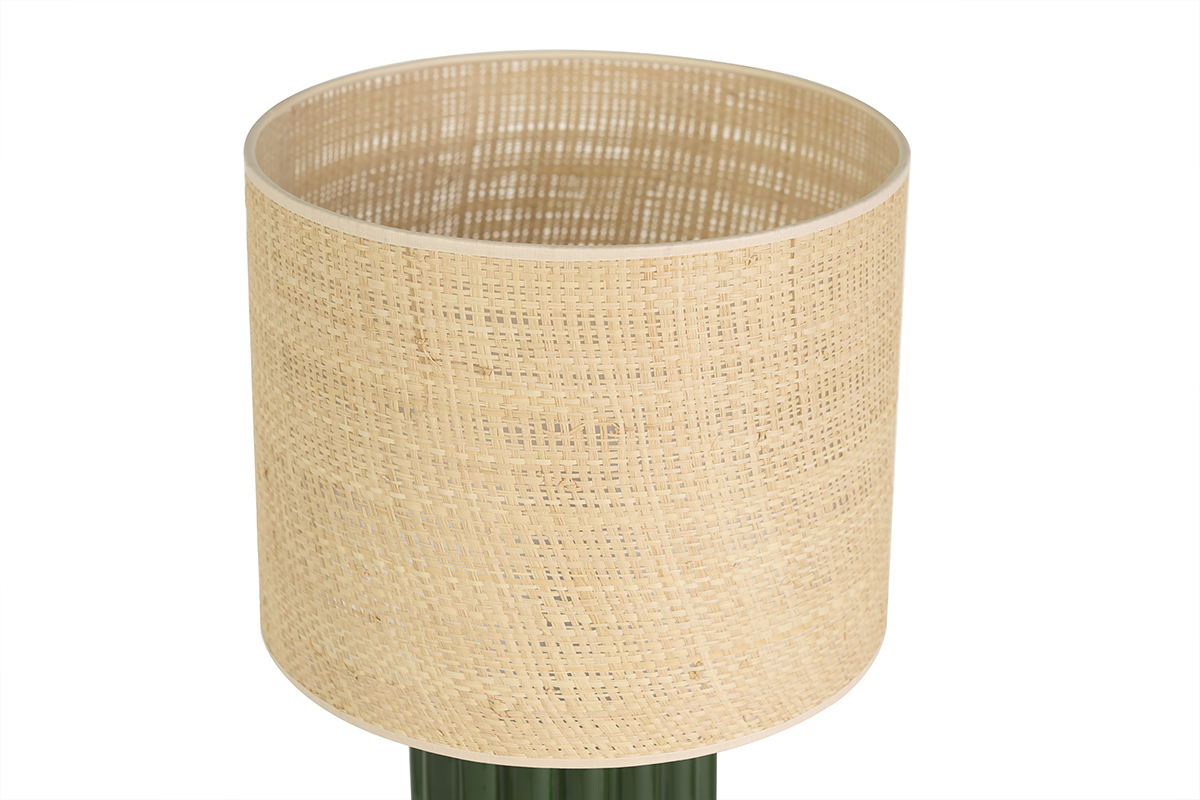 Lampe � poser en c�ramique �maill�e vert fonc� et abat-jour en rabane H50 cm CANELLA