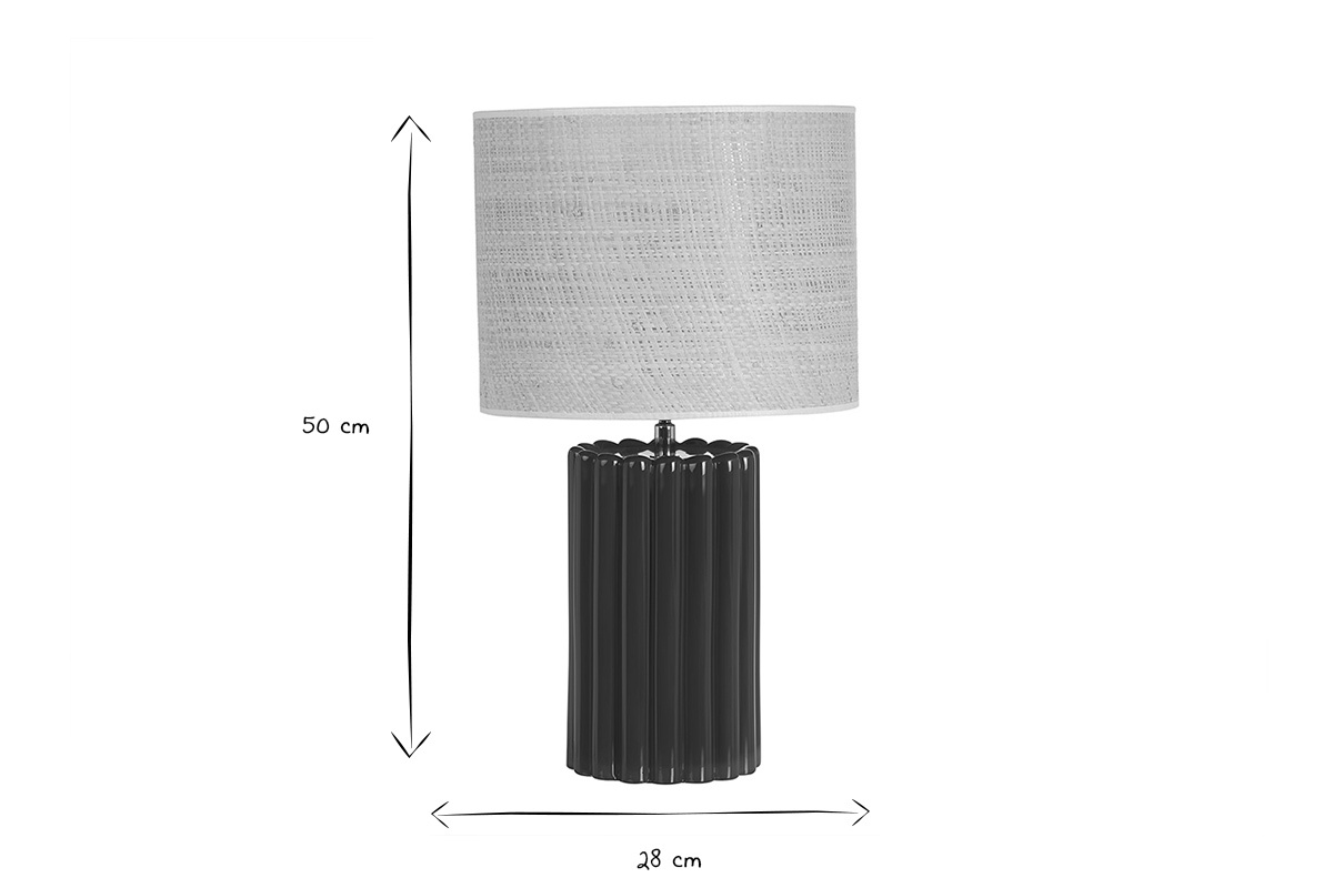 Lampe � poser en c�ramique �maill�e vert fonc� et abat-jour en rabane H50 cm CANELLA