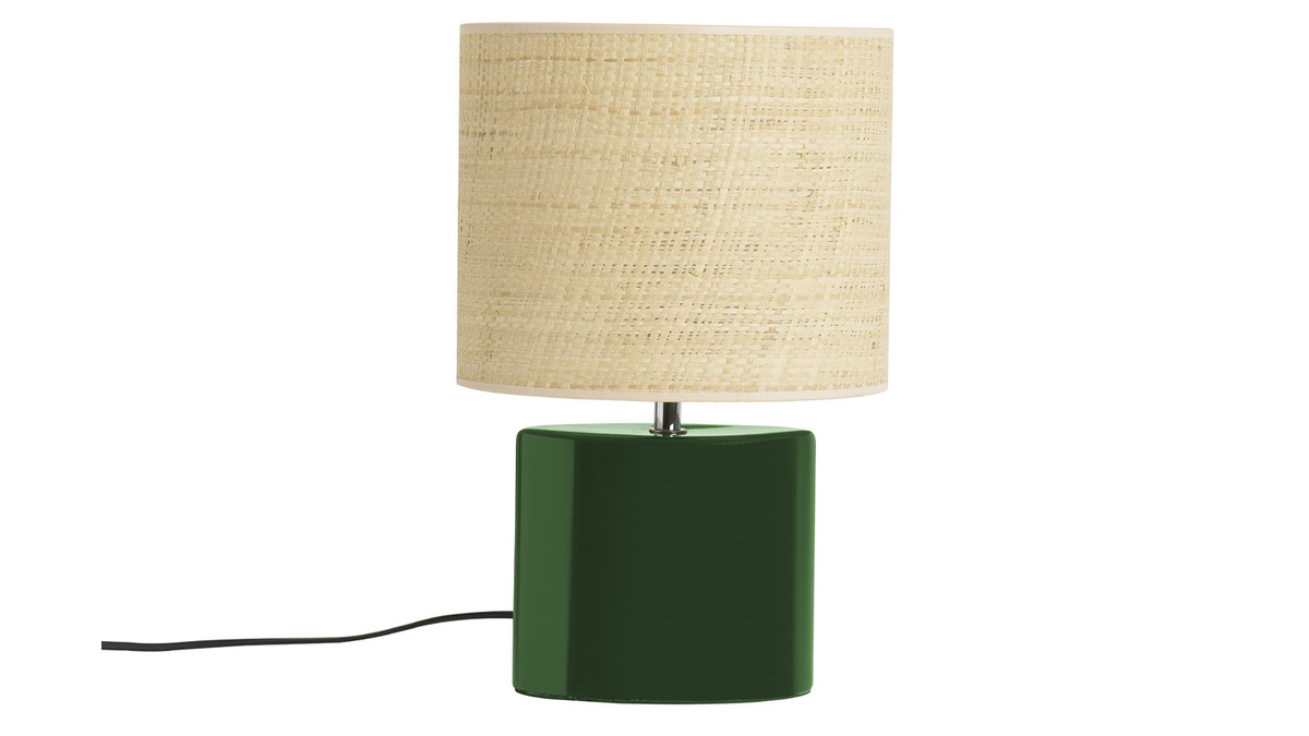 Lampe  poser en cramique vert fonc et abat-jour en raphia naturel H40 cm TIGA