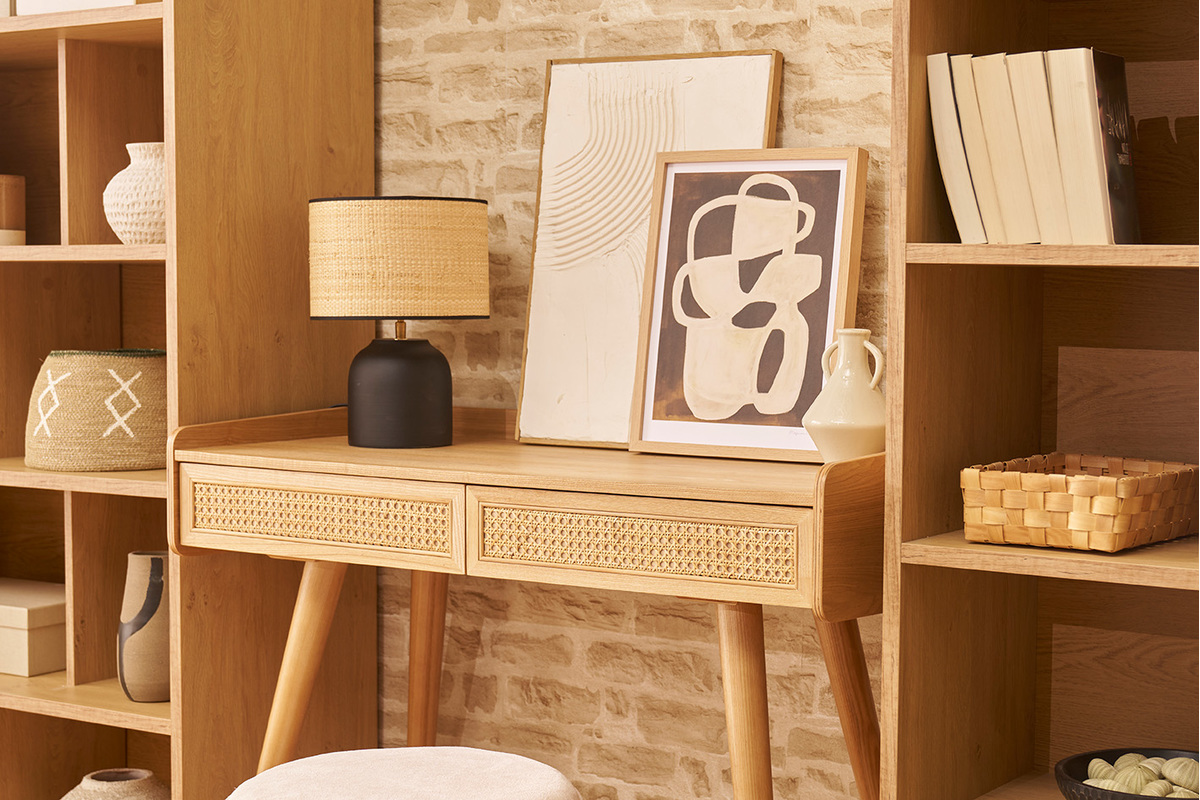 Lampe  poser noire en cramique mate et abat-jour en raphia H35 cm ROCHA