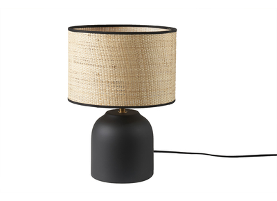 Lampe à poser noire en céramique mate et abat-jour en raphia H35 cm ROCHA