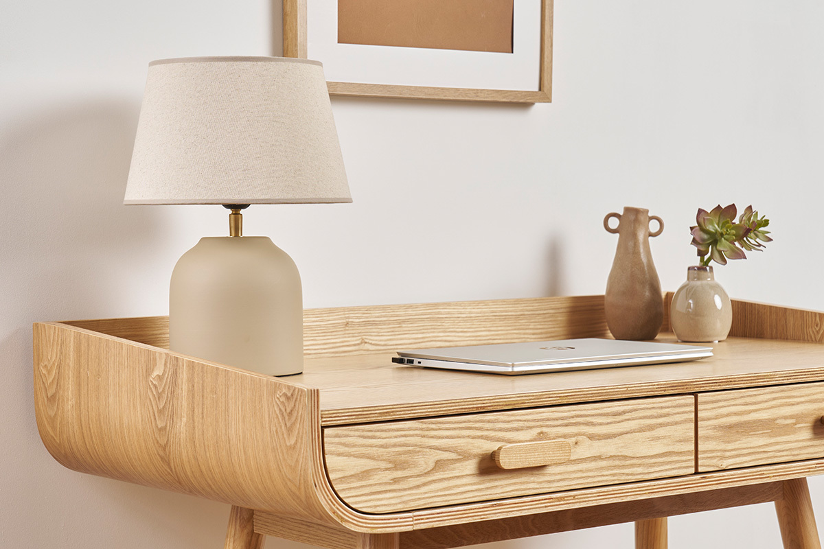 Lampe  poser taupe en cramique mate et abat-jour en lin H35 cm SIMAO