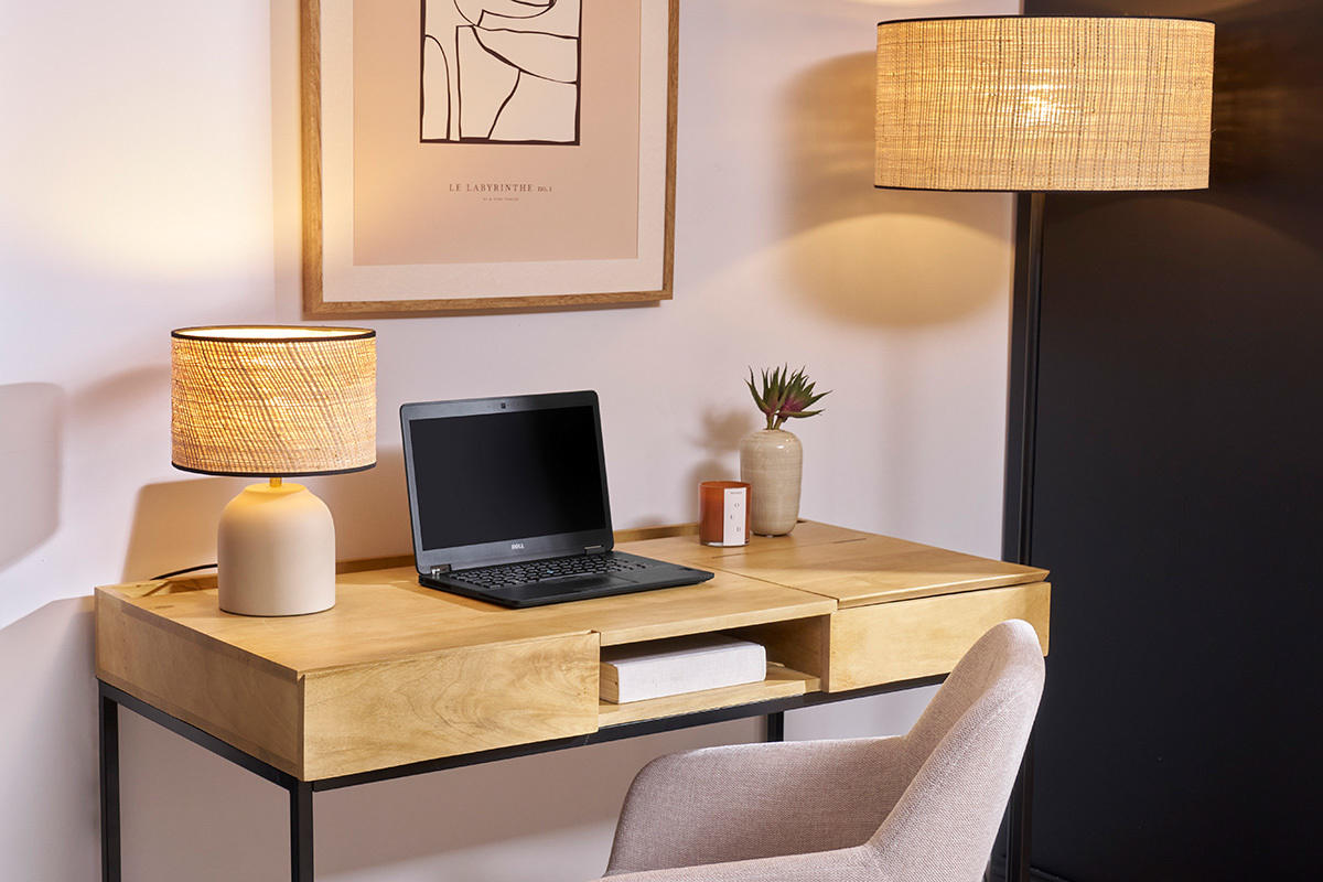 Lampe  poser taupe en cramique mate et abat-jour en raphia H35 cm ROCHA