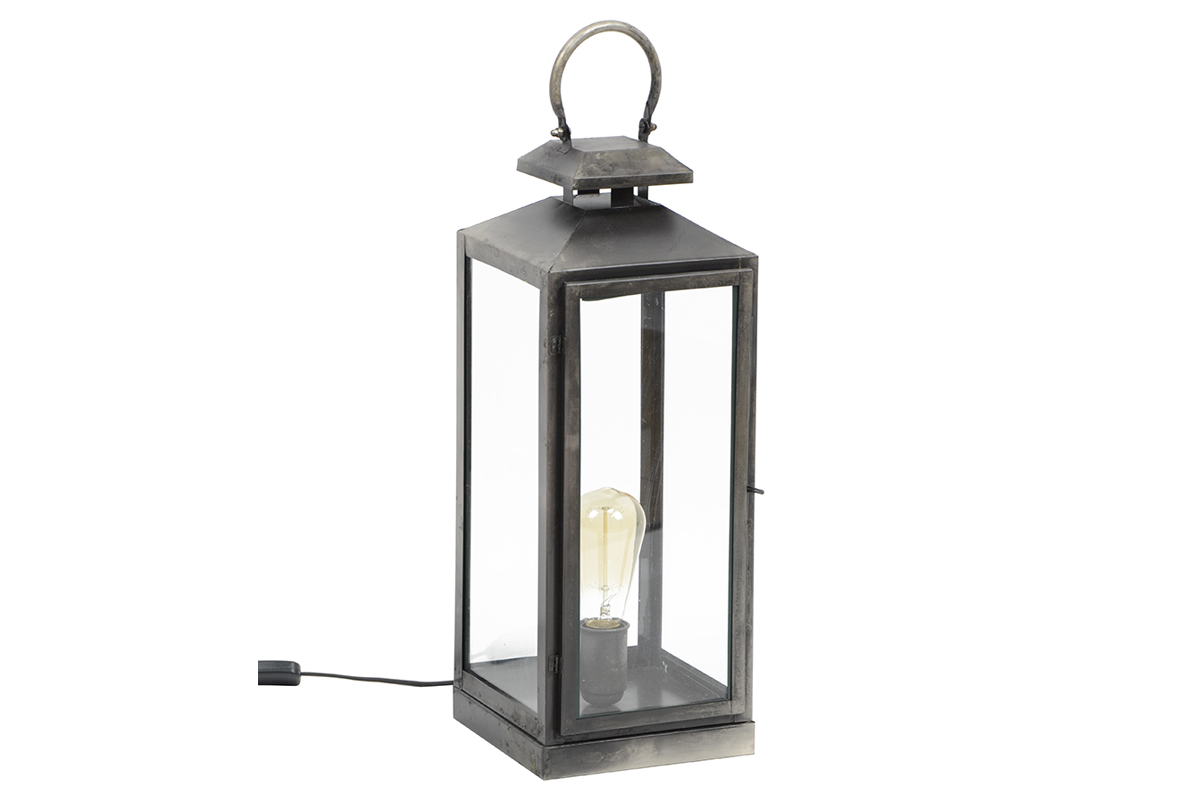 Lampe de table lanterne argent vieilli LANTERNA