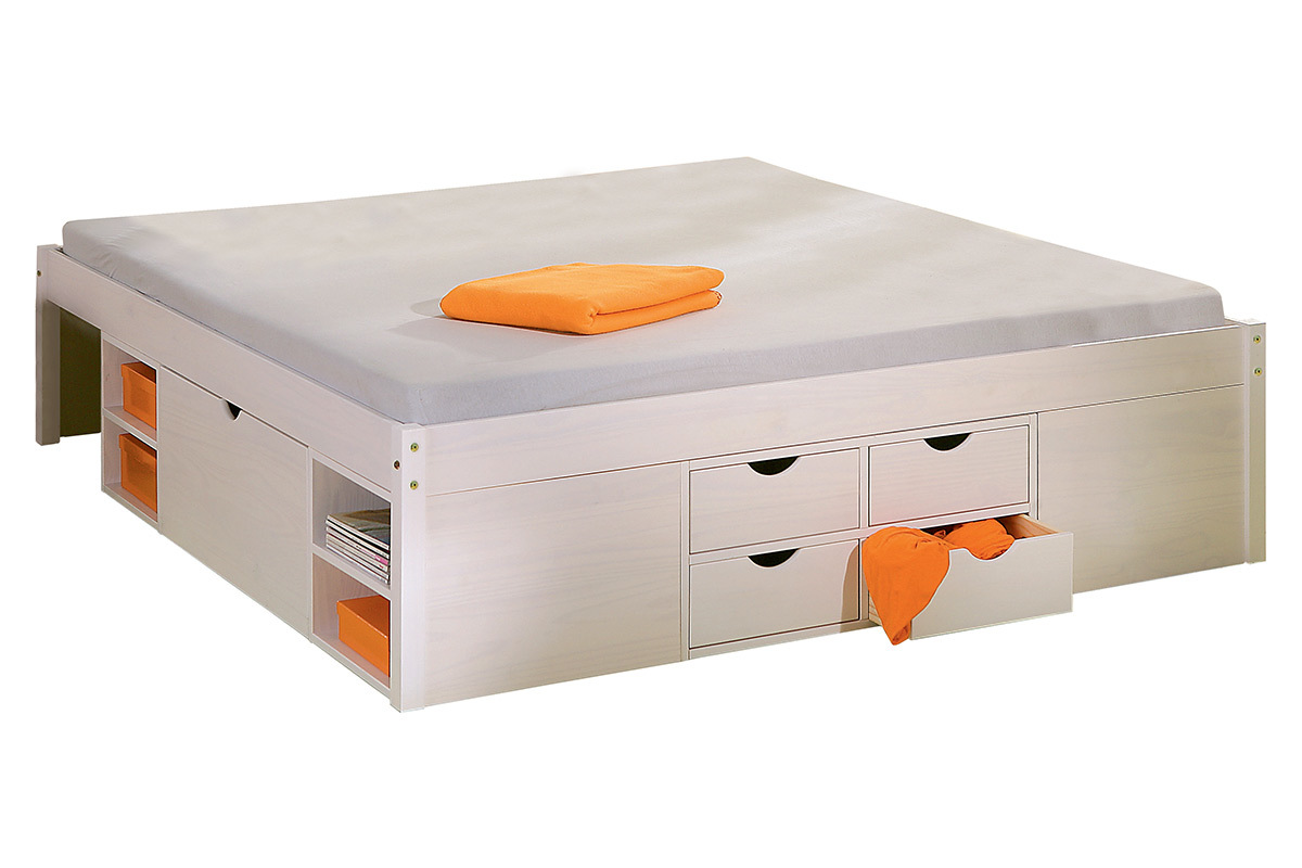 Lit 140x190 avec rangements int�gr�s blanc TIEGO