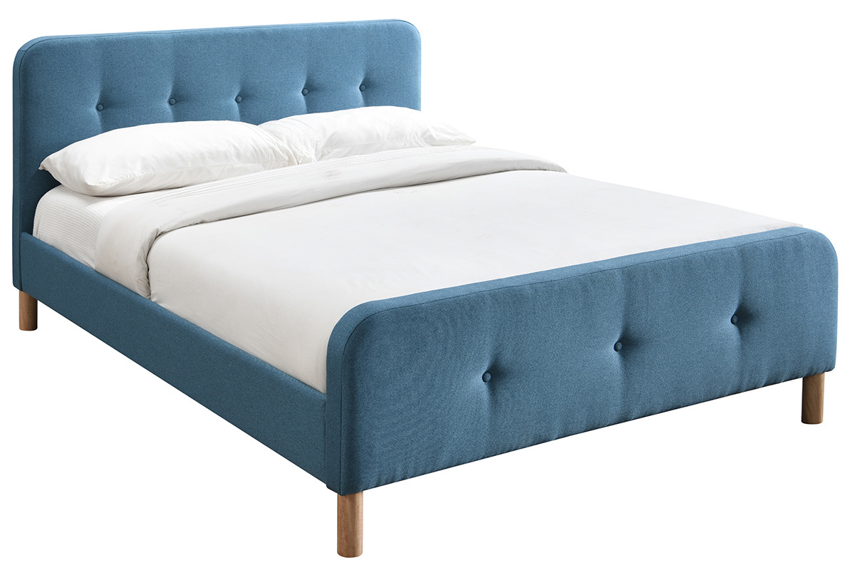 Lit 160 x 200 cm capitonn� en tissu bleu canard ORLANE