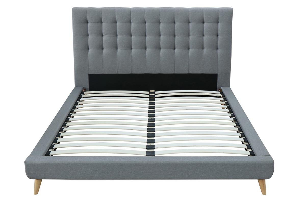 Lit 160x200 design capitonn en tissu gris et bois SOREN