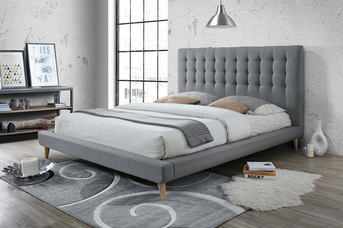 Lit 160x200 design capitonn en tissu gris et bois SOREN