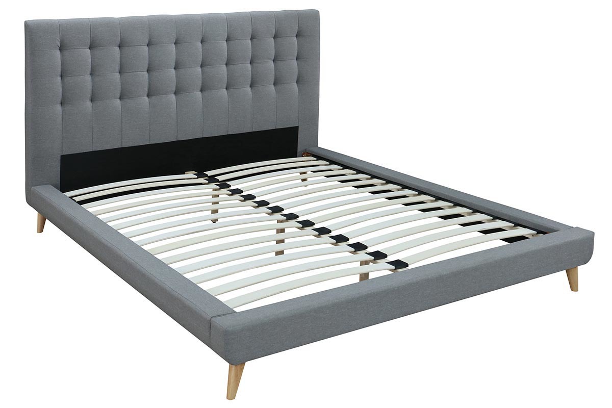 Lit 160x200 design capitonn en tissu gris et bois SOREN