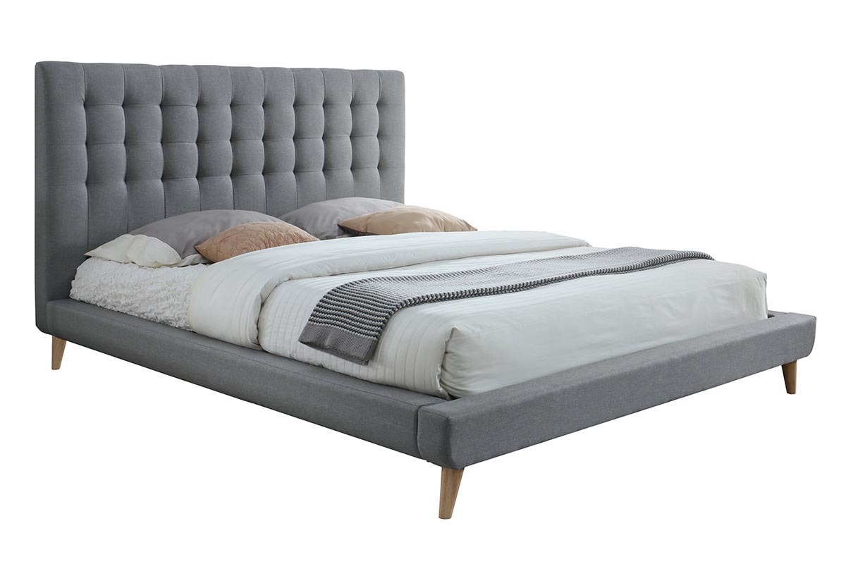 Lit 160x200 design capitonn en tissu gris et bois SOREN