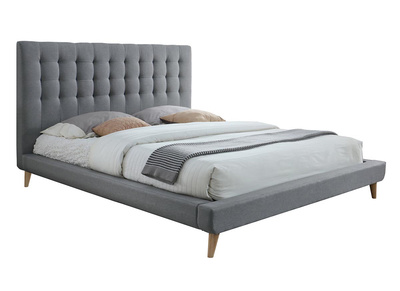 Lit 160x200 design capitonn&eacute; en tissu gris et bois SOREN