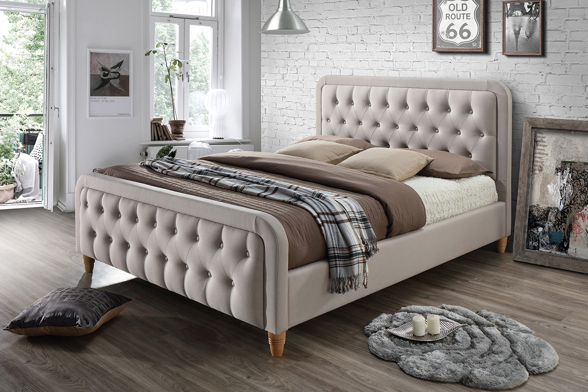 Lit 2 places 140x200 cm en tissu beige capitonn KRISTEN