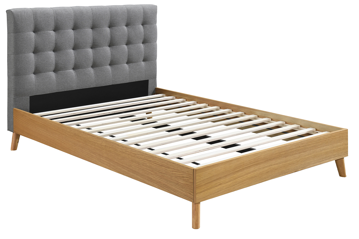 Lit 2 places 140x200cm en bois et tissu gris capitonn LYNN