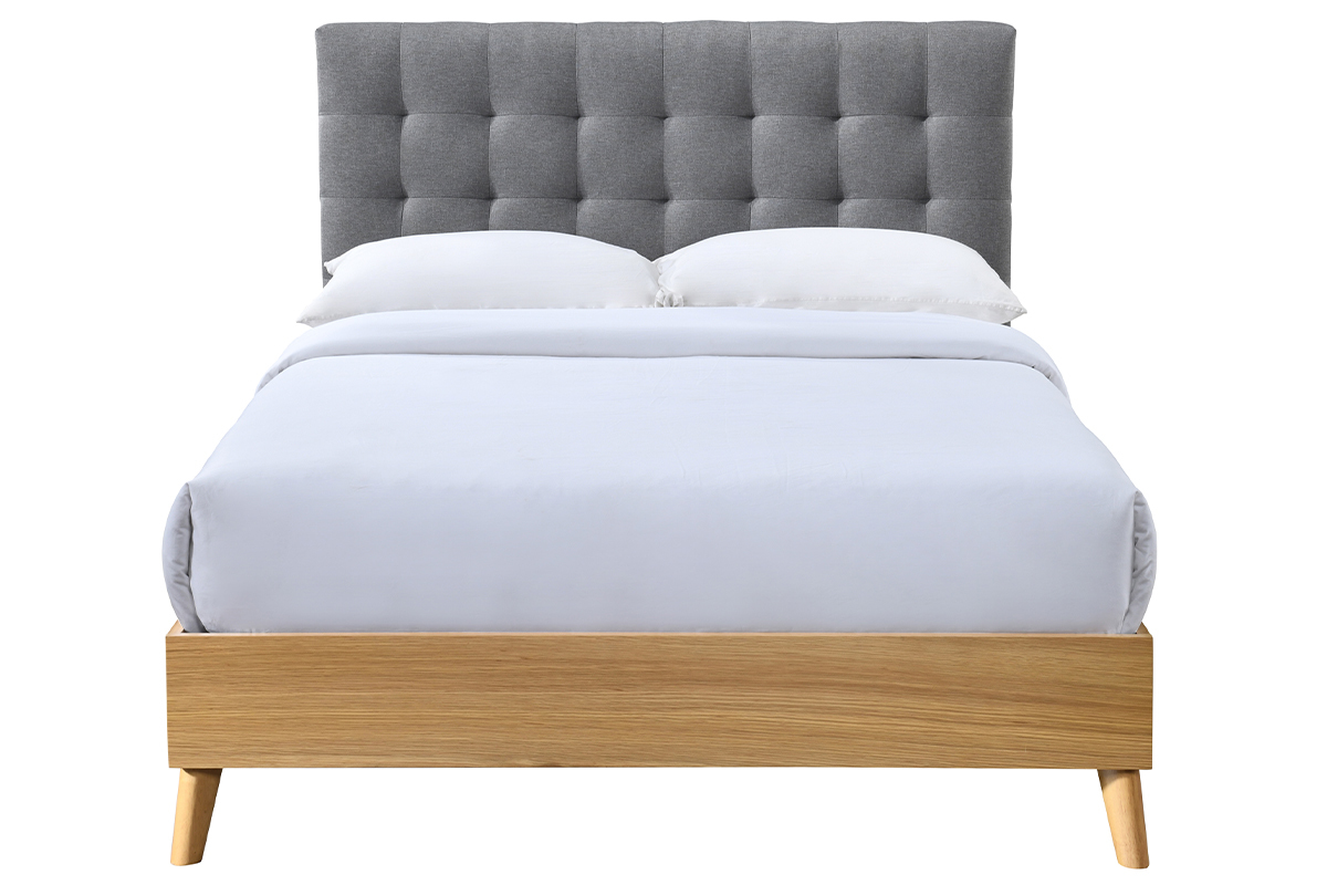 Lit 2 places 140x200cm en bois et tissu gris capitonn LYNN
