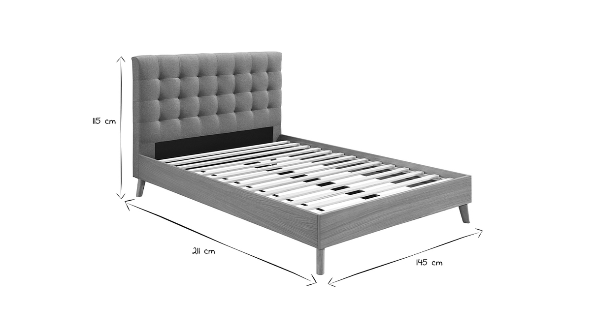 Lit 2 places 140x200cm en bois et tissu gris capitonn LYNN