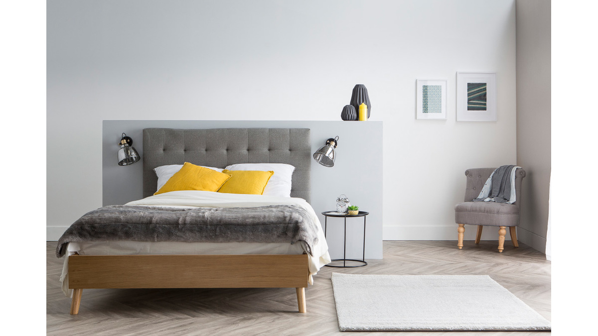 Lit 2 places 160x200 cm en bois et tissu gris capitonn LYNN