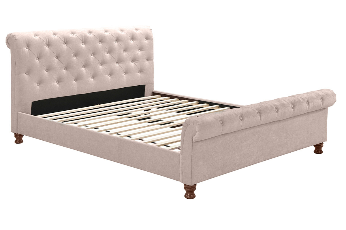 Lit 2 places 160x200 cm en tissu velours beige capitonn RILEY