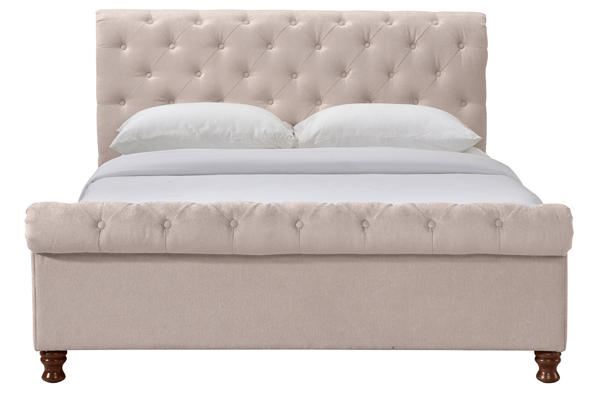 Lit 2 places 160x200 cm en tissu velours beige capitonn RILEY