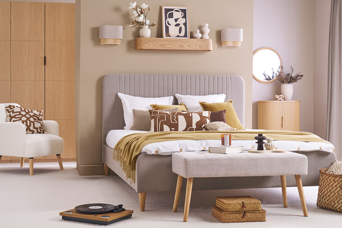 Lit 2 places 160x200 en tissu textur taupe LINDSAY
