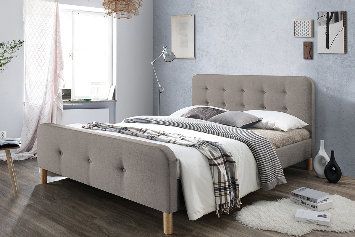 Lit 2 places 160x200cm en tissu beige capitonn� HOLSEN