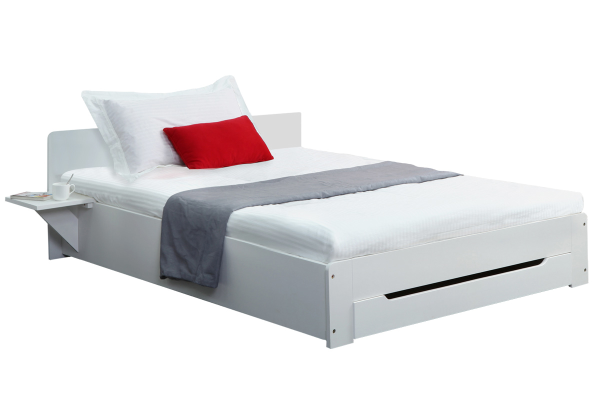 Lit 90x190 design blanc avec tiroir de rangement et chevet LORIS