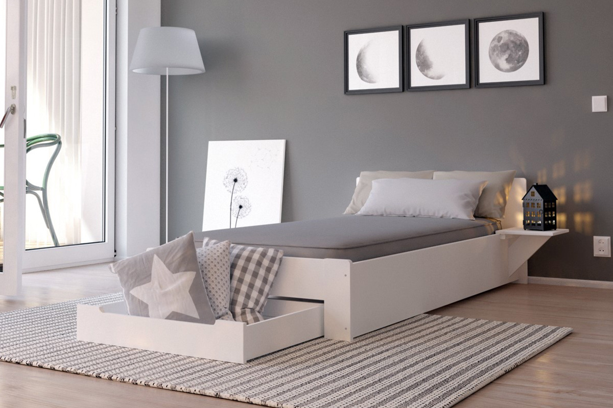 Lit 90x190 design blanc avec tiroir de rangement et chevet LORIS