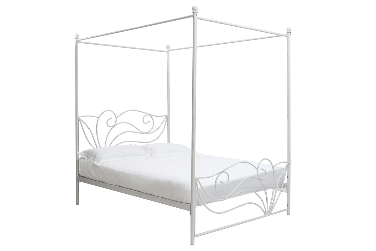 Lit � baldaquin baroque blanc patin� 2 personnes 140x190 VENEZIA