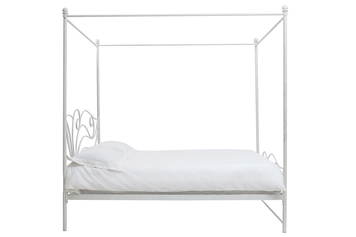 Lit � baldaquin baroque blanc patin� 2 personnes 140x190 VENEZIA