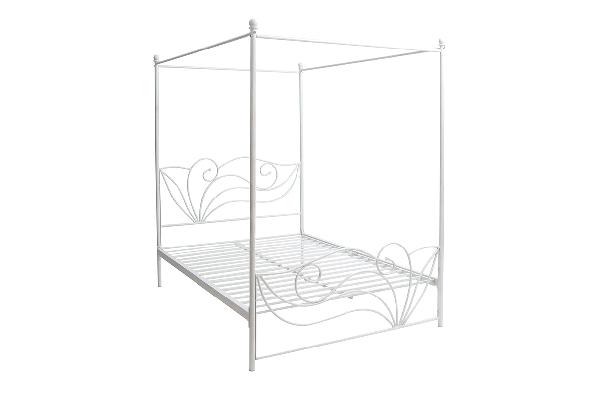 Lit � baldaquin baroque blanc patin� 2 personnes 140x190 VENEZIA