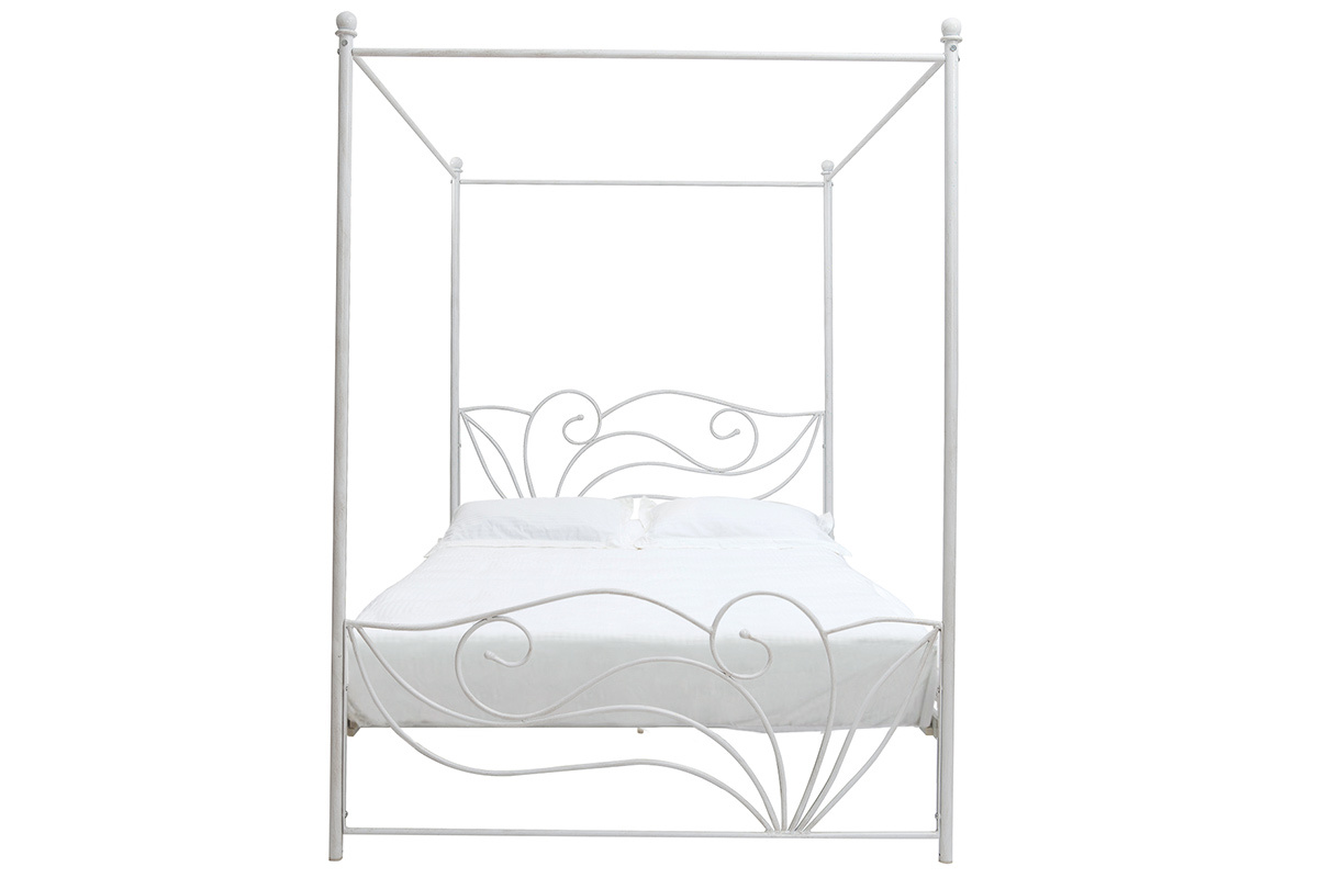 Lit � baldaquin baroque blanc patin� 2 personnes 140x190 VENEZIA