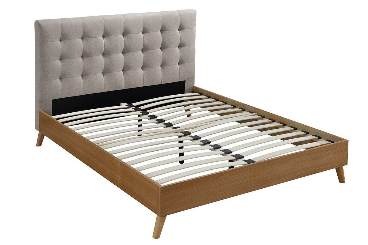 Lit adulte scandinave bois et tissu beige 140 x 200cm LYNN